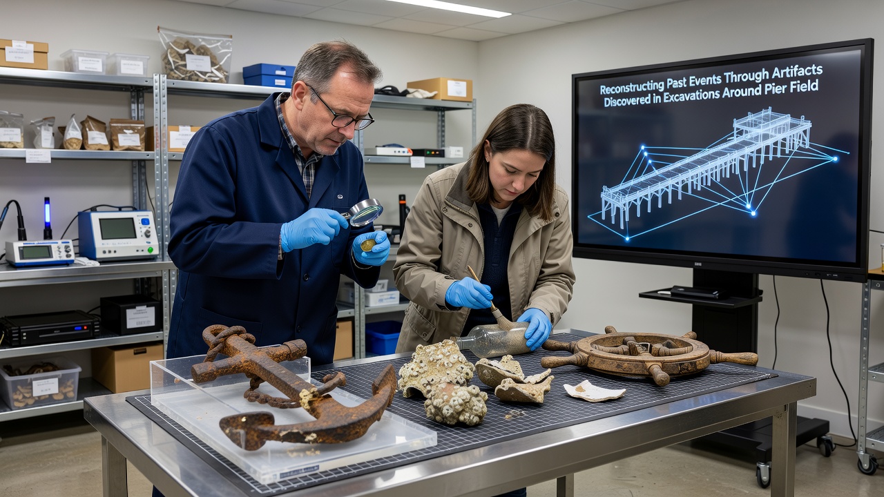 Close-up view of catalogued metal and ceramic artifacts arranged for laboratory analysis from the Pier Field digs
