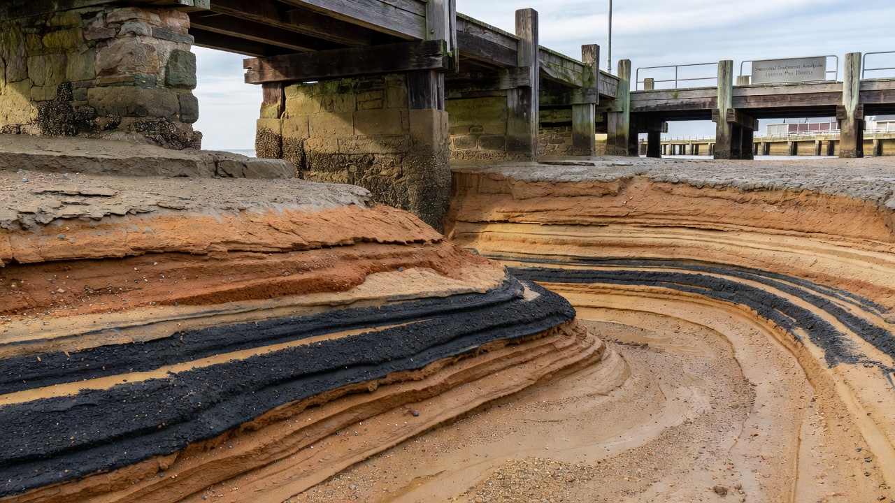 Close-up of seasonal sediment deposition patterns at a waterfront pier